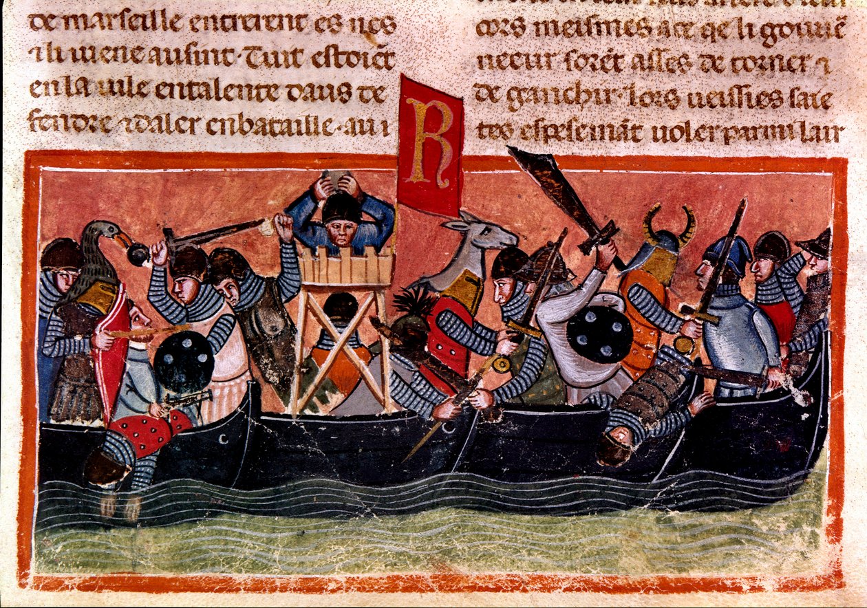 Szene einer Seeschlacht. Miniatur aus einem französischen Kodex auf Pergament „Taten der Römer“ (13. Jahrhundert) von Unknown artist