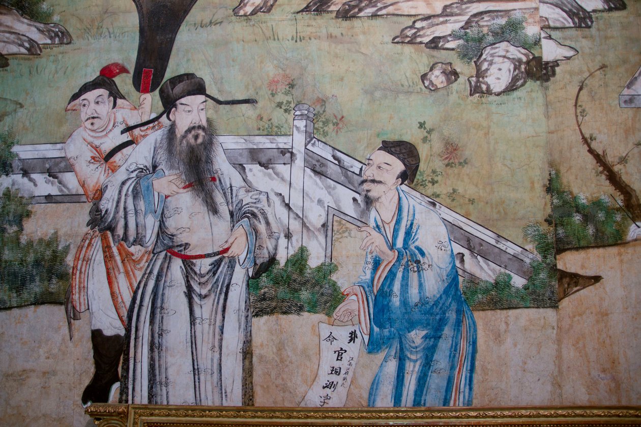 Szenen des Alltagslebens in China, Detail der chinesischen Tapete, chinesisches Kabinett, Jagdresidenz, von Filippo Juvarra (1678-1736), Stupinigi, Piemont, Italien von Unknown artist