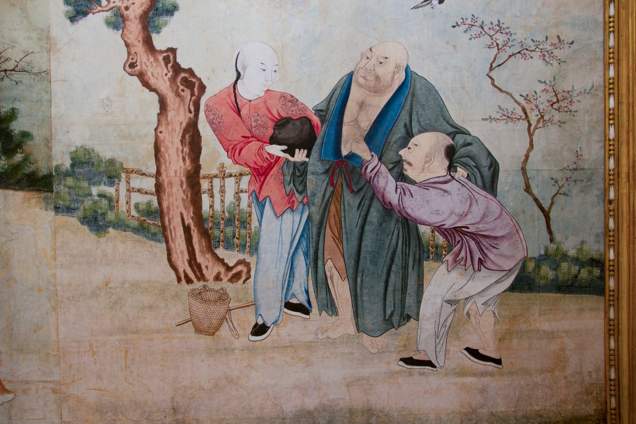 Szenen aus dem Alltagsleben in China, Detail der chinesischen Tapete, chinesisches Kabinett, Jagdresidenz, von Filippo Juvarra (1678-1736), Stupinigi, Piemont, Italien von Unknown artist