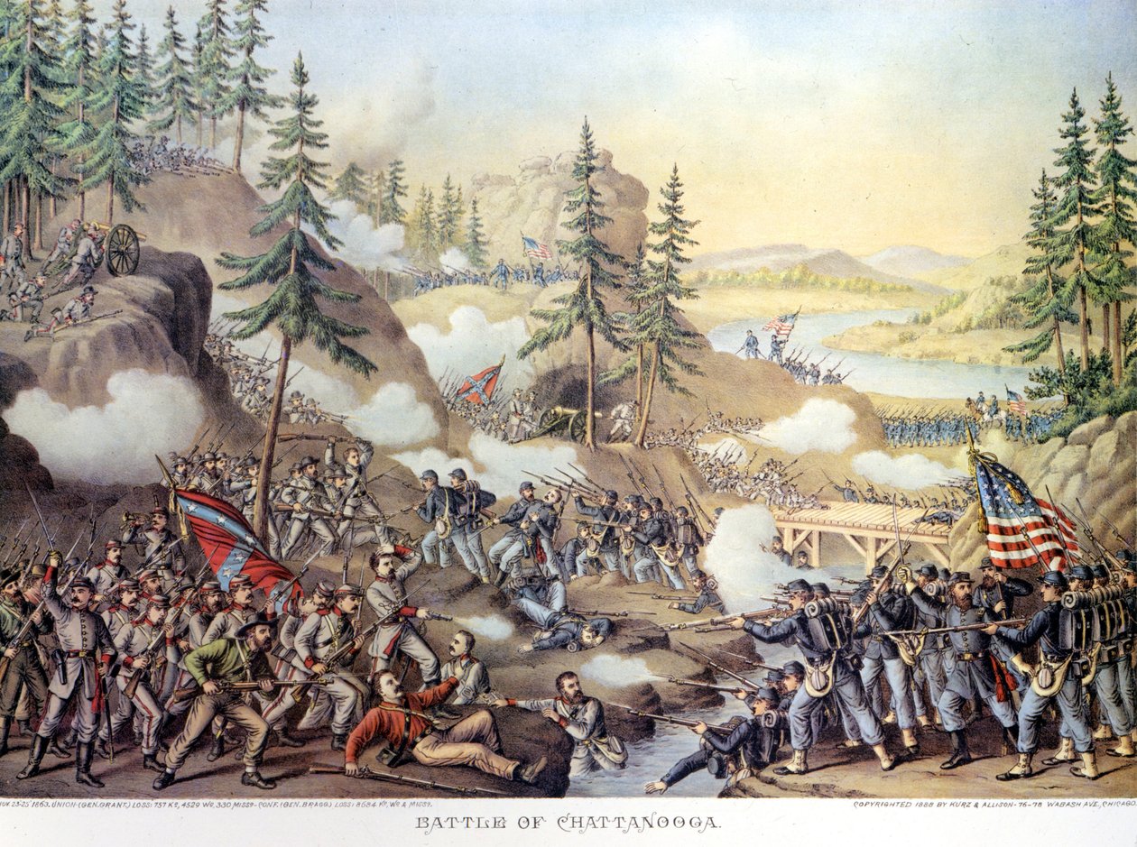 Sezessionskrieg (1861-1865) oder Amerikanischer Bürgerkrieg: 24.-25.11.1863: Nach zwei Tagen Schlacht bei Chattanooga, Tennessee, Sieg der Nordarmee unter General Rosecrans. Gravur von Unknown artist