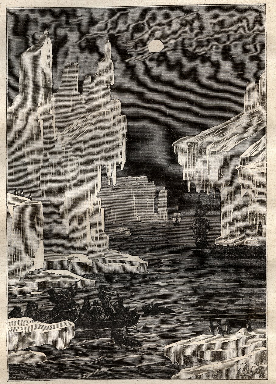 Zweite Reise (1772-1775) von Kapitän James Cook (1728-1779): die Eisinseln (Eisberg), Überquerungen auf dem Weg zum Kap der Umgehung (Bouvetinsel, Antarktis) - Illustration aus „Die großen Seefahrer des 18. Jahrhunderts“ von Unknown artist