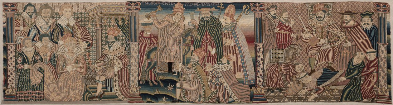 Abschnitt eines bestickten Frieses: Ahasverus und Esther, Der Papst tadelt den Kaiser, Heinrich VIII. tritt auf den Nacken des Papstes von Unknown artist