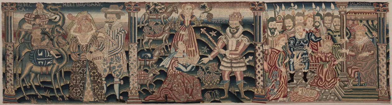 Abschnitt eines bestickten Frieses: Rebekka trifft Isaak, Abigail trifft David mit einem Geschenk, Das Urteil Salomos von Unknown artist