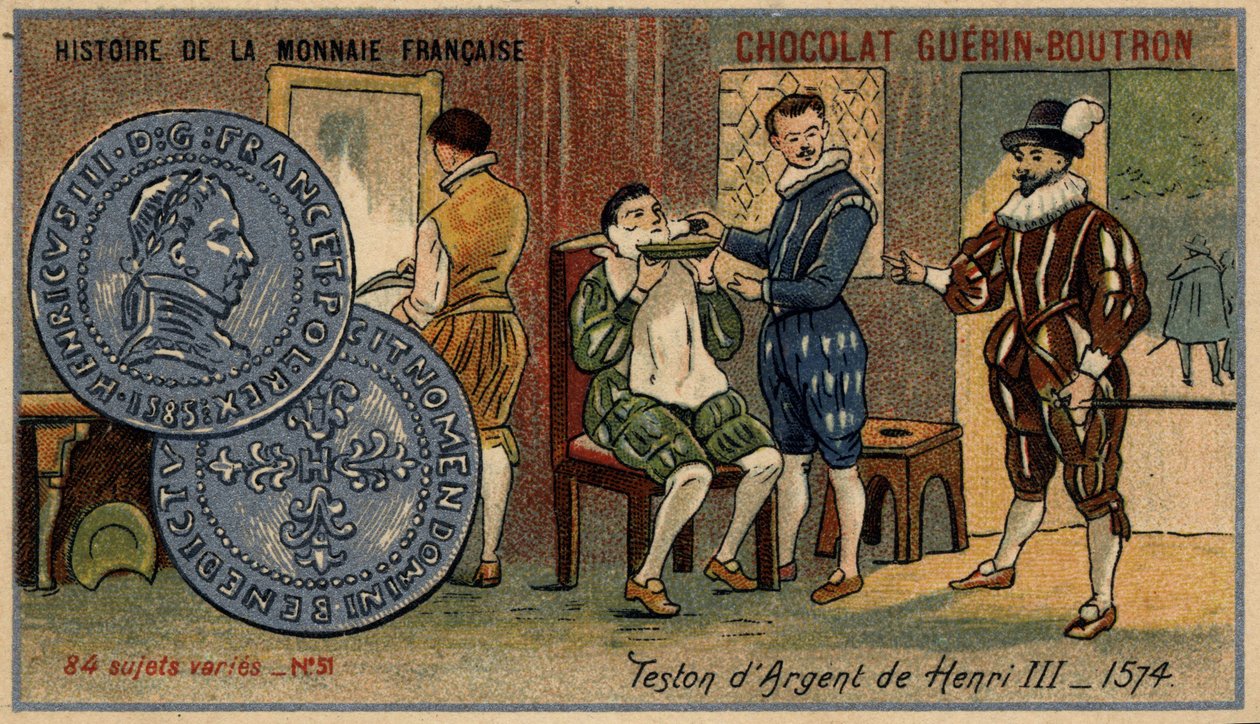 Serie Histoire de la Monnaie Française, veröffentlicht von Chocolat Guérin Boutron, Chromolithographie 19. Jahrhundert, Silberteston von Heinrich III., 1574 von Unknown artist