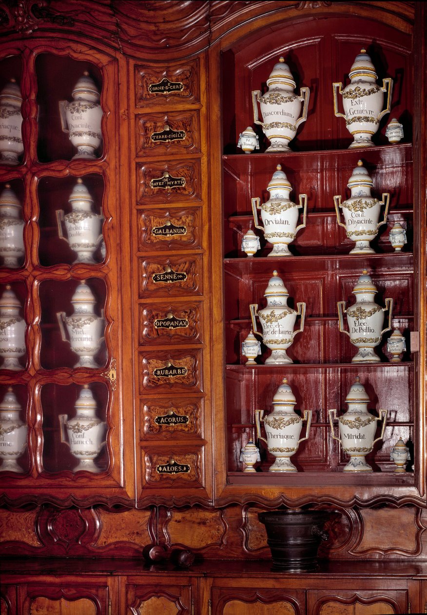 Schaukasten und Töpfe eines Apothekers aus Fayence. 17. Jahrhundert, Macon, Hôtel-Dieu von Unknown artist