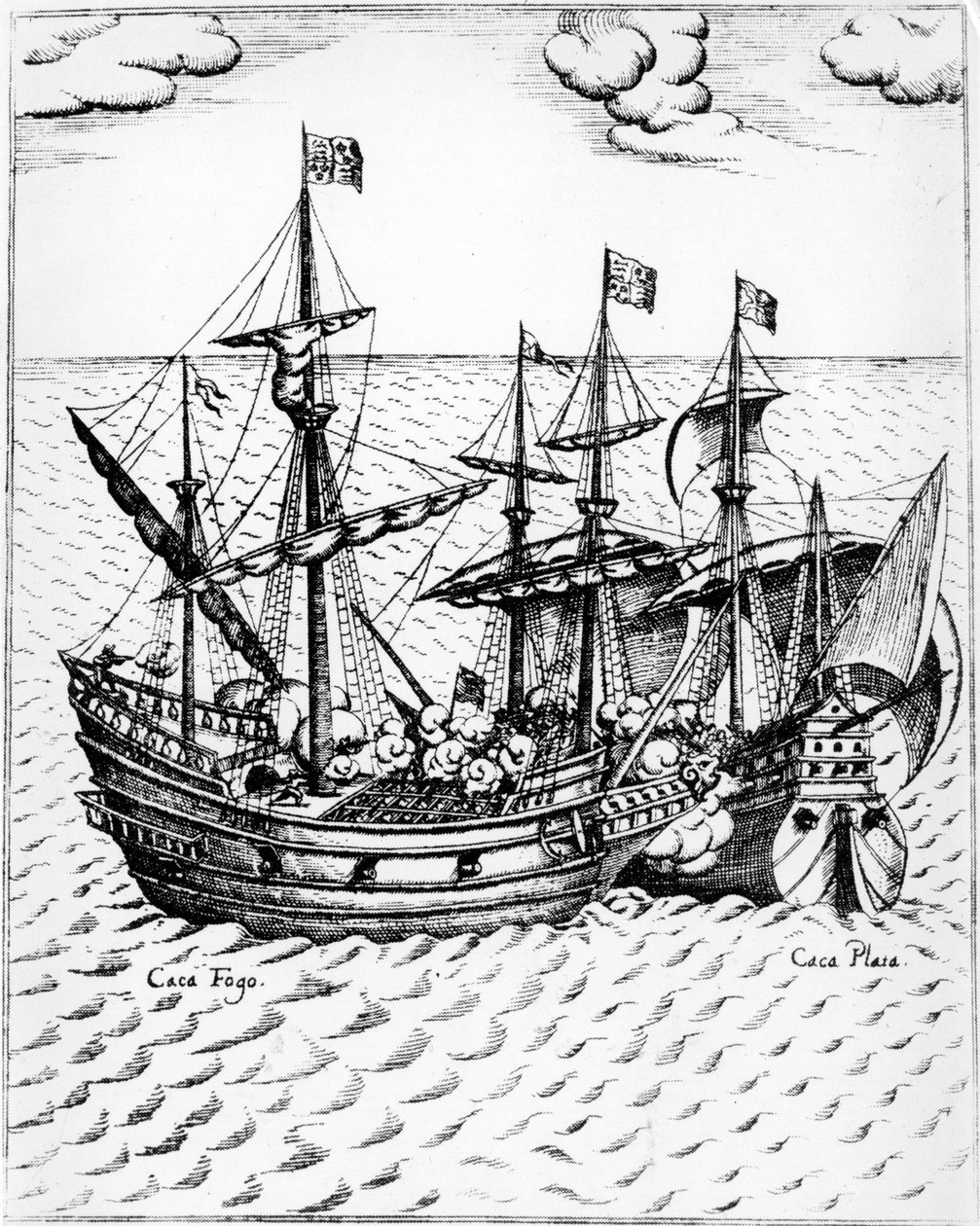 Sir Francis Drakes „Golden Hind“ (1540-1596) erobert das spanische Schiff „Nuestra Senora de Conception“, bekannt als „Cacafuego“ im Jahr 1579 vor Ecuador. Gravur aus dem 16. Jahrhundert. von Unknown artist