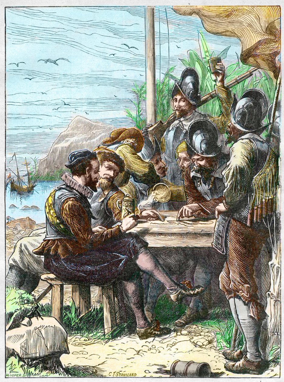 Sir Walter Raleigh in Trinidad, Informationen von spanischen Soldaten über Guiana einholend, 1595 (Expedition von Walter Raleigh) von Unknown artist