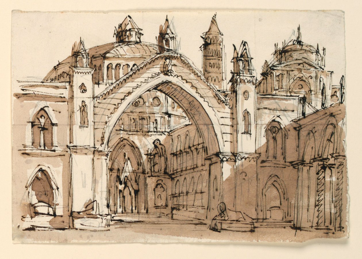 Bühnenbild, Außenansicht einer gotischen Kirche von Unknown artist