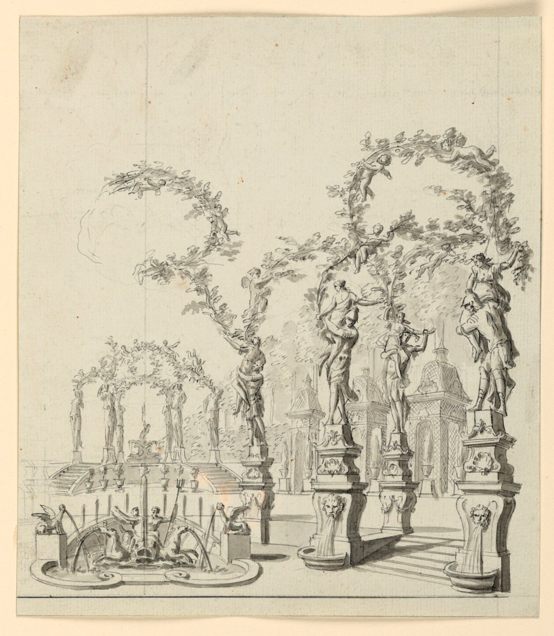 Bühnenbild: Gartenarchitektur mit Brunnen und Skulpturen von Unknown artist