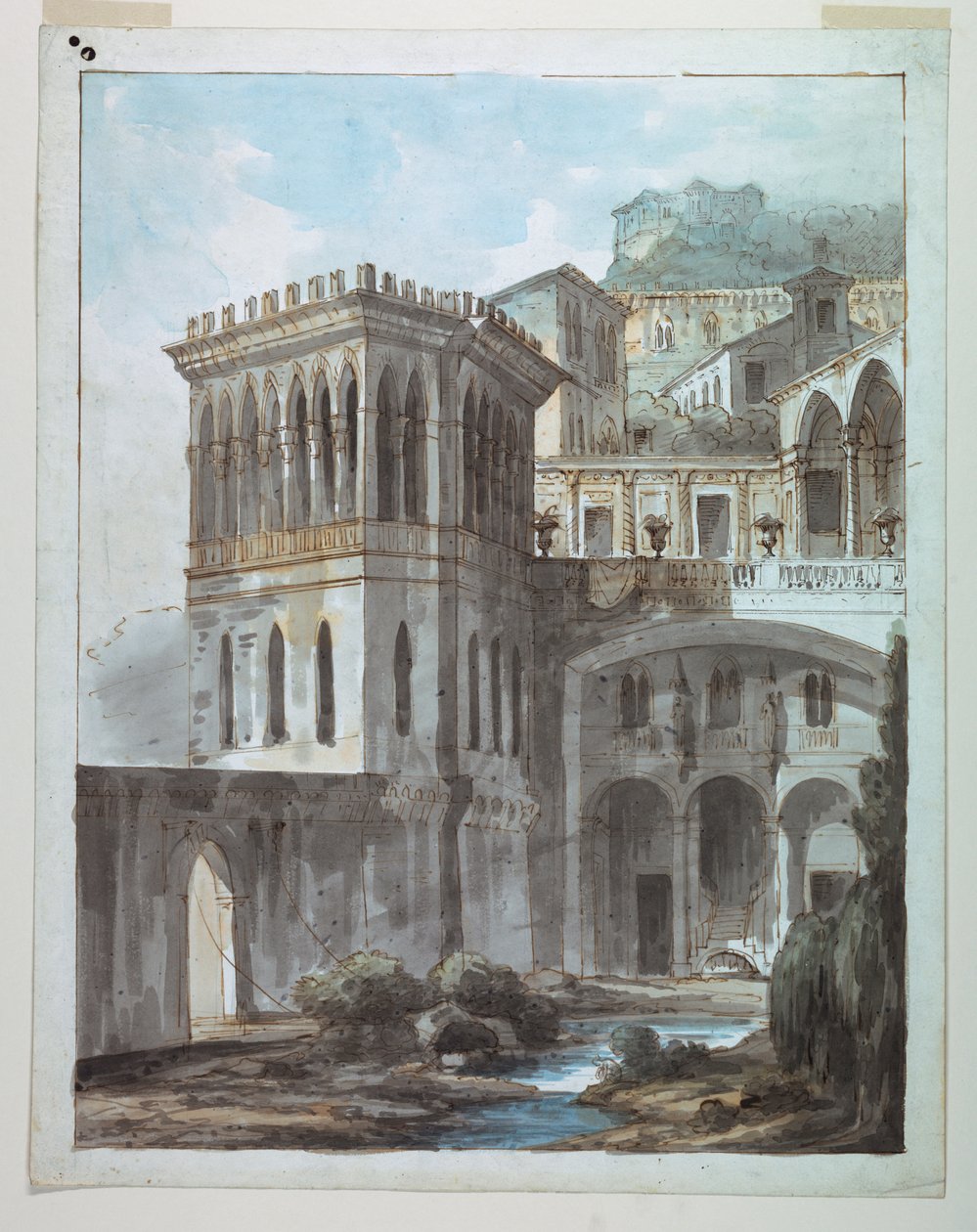 Bühnenbild, Ansicht einer Stadt am Hang von Unknown artist