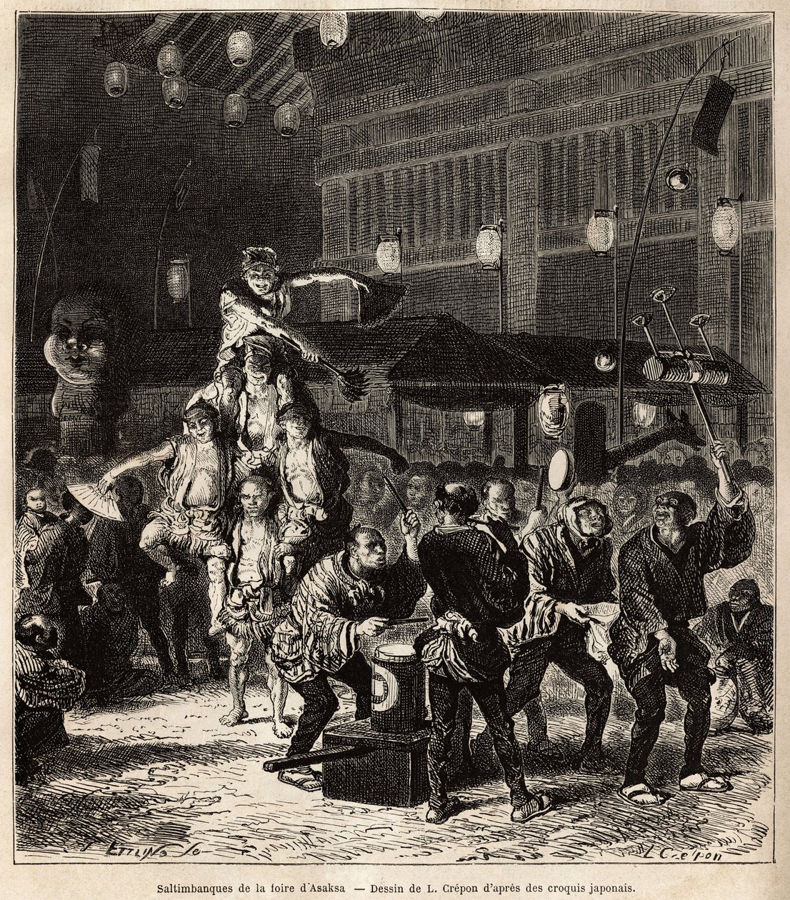Straßensaltimbanques: Jongleure, Balancierer und Akrobaten, bei Nachtvorstellungen, auf der jährlichen Asaksa-Messe, Tokio-Tempel. Gravur zur Illustration der Reise nach Japan, von Aime Humbert, Minister der Schweizerischen Eidgenossenschaft, 1863-1864, ve von Unknown artist