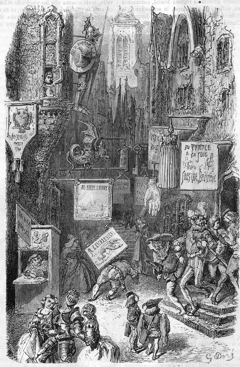 Straßenszene im Mittelalter. Gravur des 19. Jahrhunderts. von Unknown artist