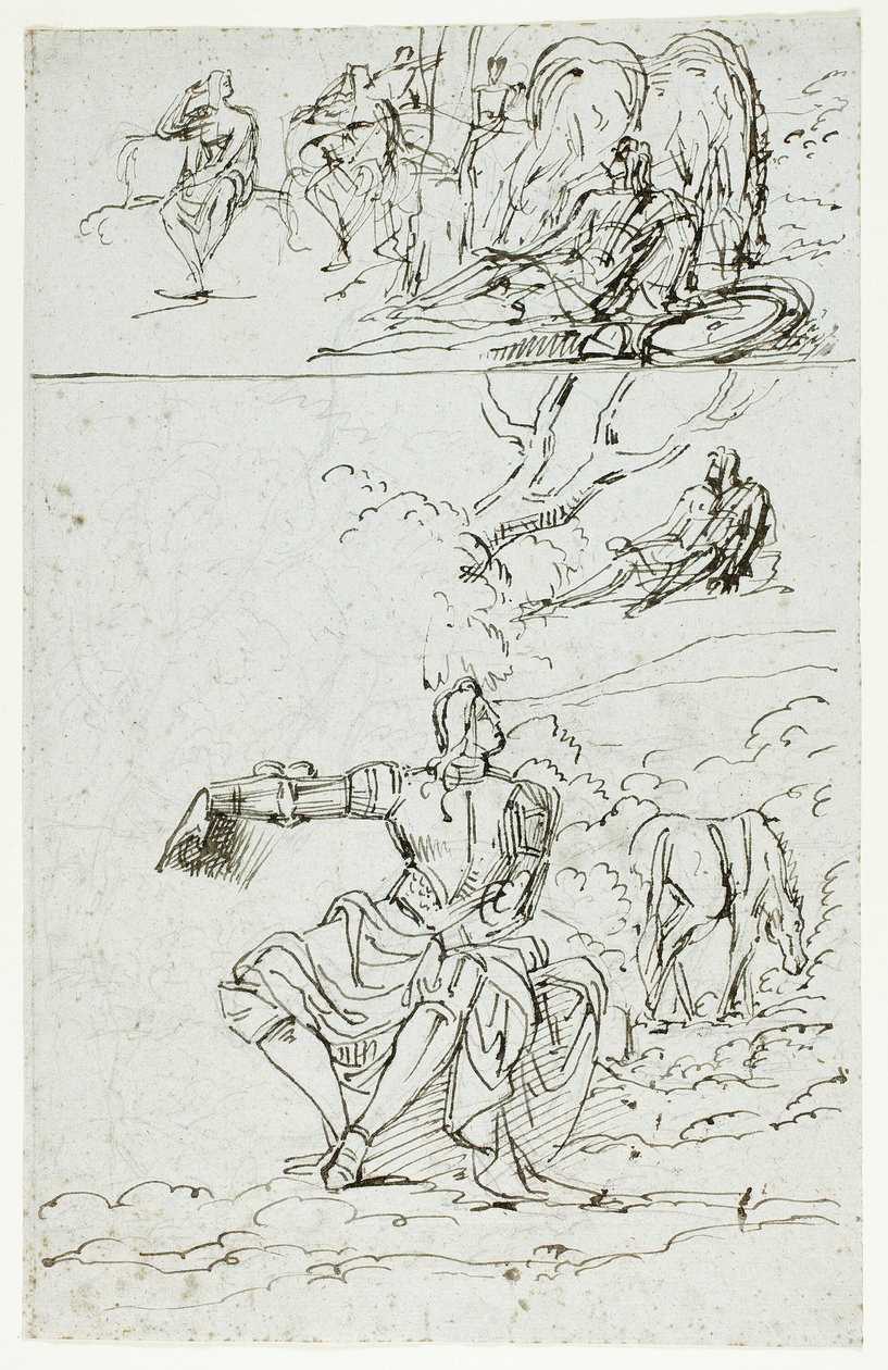 Studienblatt mit sitzendem Ritter (recto); Stehende männliche Figur in mittelalterlicher Kleidung (verso) von Unknown artist