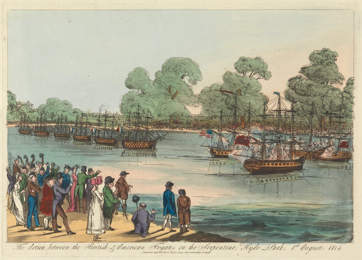 Die Aktion zwischen den britischen und amerikanischen Fregatten auf der Serpentine, Hyde Park, 1. August 1814 von Unknown artist