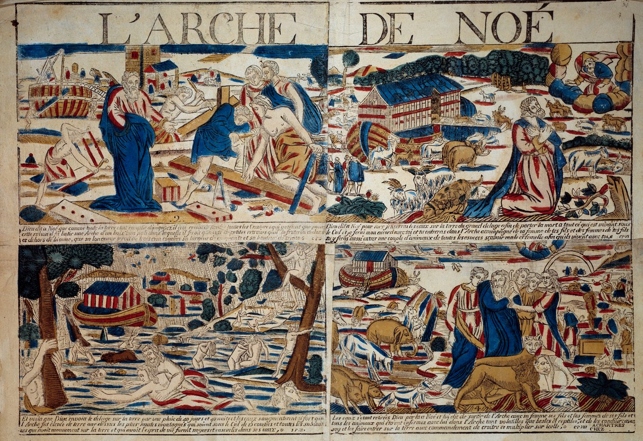 Die Arche Noah: Der Bau der Arche, Noah erhält die Ankündigung der Sintflut, die Sintflut, die nach der Sintflut geretteten Tierarten von Unknown artist