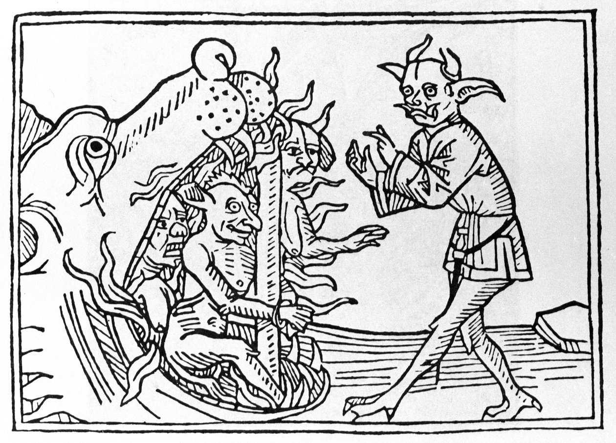 Der Belial-Prozess: „Der Belial-Dämon kehrt zum Eingang der Unterwelt zurück“ Gravur aus „Der Belial-Prozess“ von Jacobus de Teramo (oder Palladino), Augsburg von Unknown artist