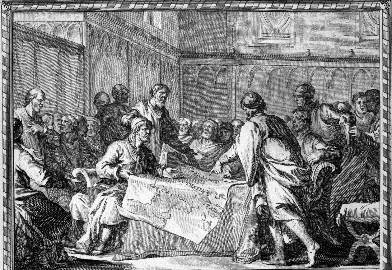 Das Karolingische Reich wurde zwischen den drei Söhnen von Ludwig dem Frommen aufgeteilt: Lothar I., Ludwig der Deutsche und Karl der Kahle, gemäß dem Vertrag von Verdun (843). Gravur des 18. Jahrhunderts von Unknown artist