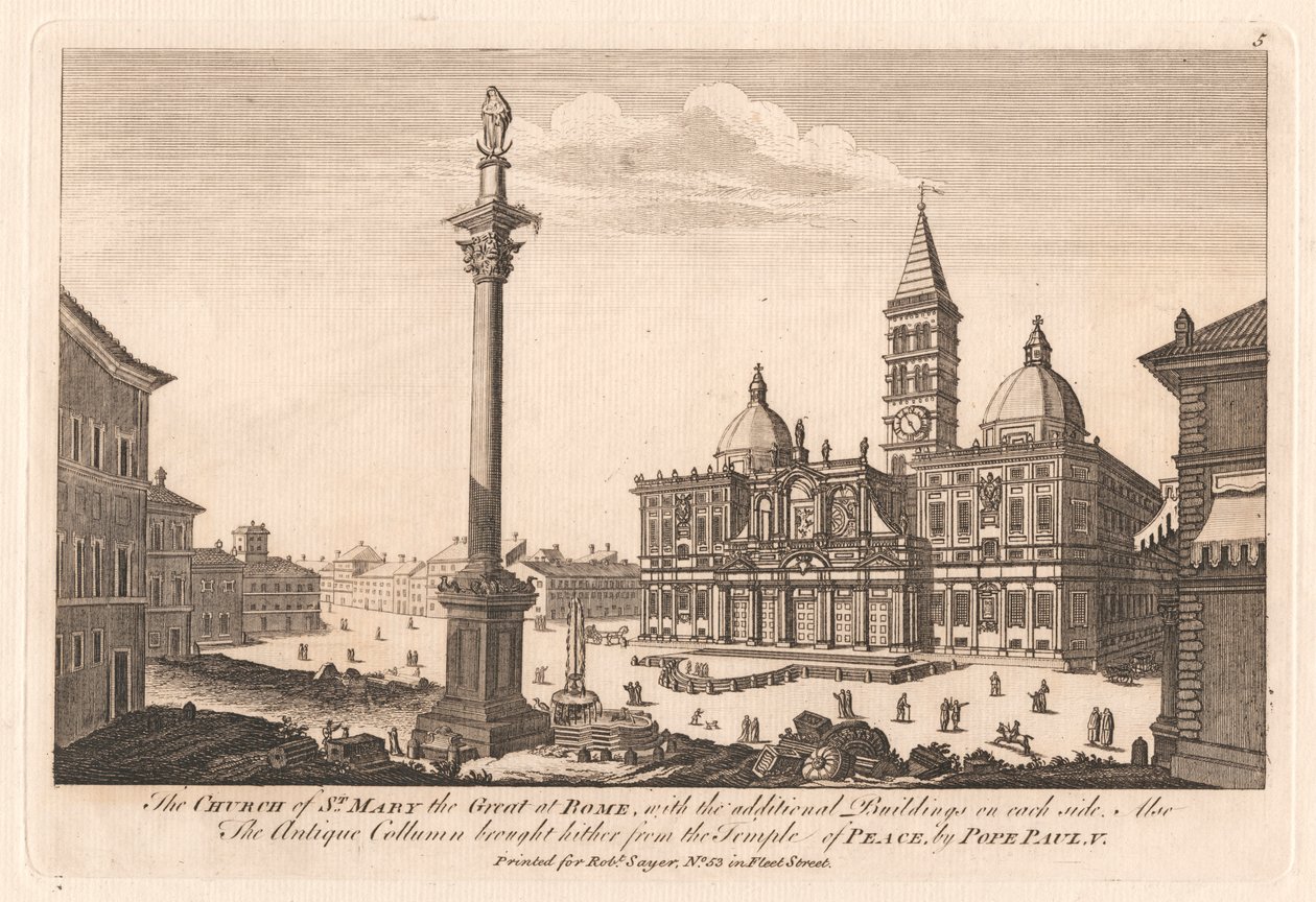 Die Kirche St. Maria Maggiore in Rom, mit den zusätzlichen Gebäuden auf jeder Seite; Auch die antike Säule, die von Papst Paul V. vom Tempel des Friedens hierher gebracht wurde von Unknown artist