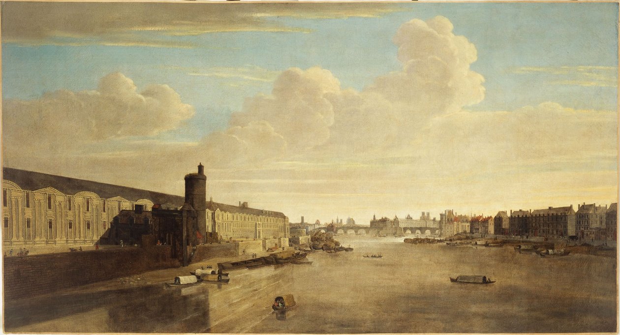 Die Grande Galerie des Louvre, mit der Porte Neuve, Pont-Neuf, Citè, Tour de Nesle und Quai Malaquais von Unknown artist
