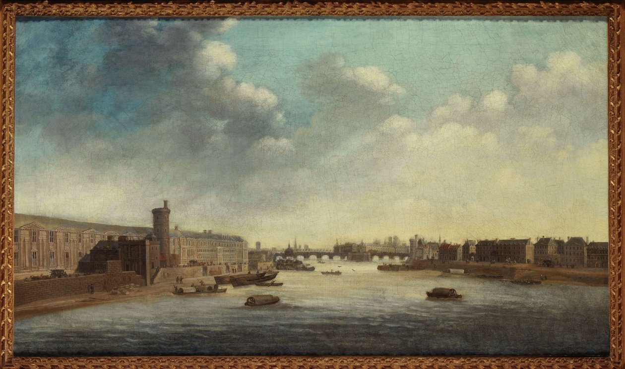 Die Grande Galerie des Louvre, mit der Porte Neuve, Pont-Neuf, Citè, Tour de Nesle und Quai Malaquais von Unknown artist