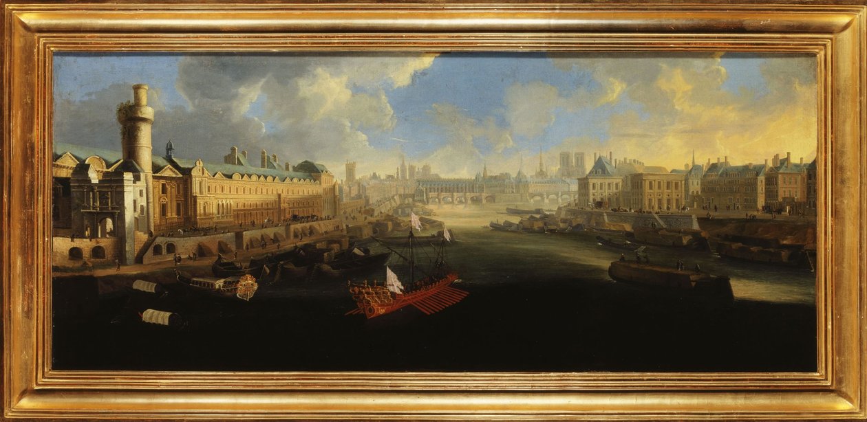 Die Grande Galerie des Louvre, mit der Porte Neuve, der Pont-Neuf, der Cité, dem Collège des Quatres-Nations im Bau und dem Quai Malaquais, um 1665, zwischen 1665 und 1670 von Unknown artist