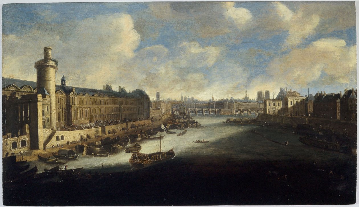 Die Grande Galerie des Louvre, mit der Porte Neuve, Pont-Neuf, Citè, dem Collège des Quatre-Nations im Bau und dem Quai Malaquais. Auf der Seine, die königliche Galeere von Unknown artist