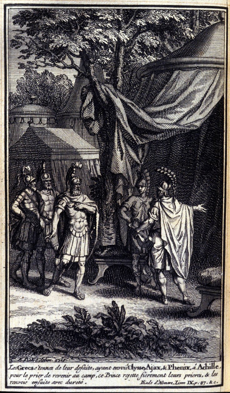 Die Griechen, erstaunt über ihre Niederlage, schicken Odysseus, Ajax und Phönix zu Achilles, um ihn zu bitten, ins Lager zurückzukehren. Dieser Prinz lehnt ihre Bitten stolz ab und schickt sie dann hart zurück. Illustration für Buch IX der Ilias von Homer, von Unknown artist