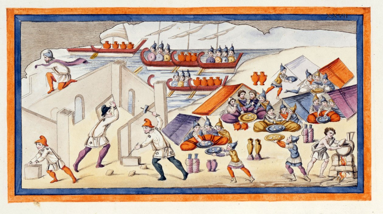 Die Griechen begannen, einen Wall zu graben, um ihre Baracken und Schiffe zu schützen. Die Ilias. Gesang VII. Gravur aus dem späten 18. Jahrhundert. von Unknown artist