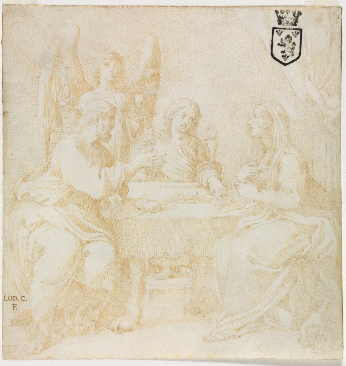 Die Heilige Familie am Tisch von einem Engel bedient von Unknown artist