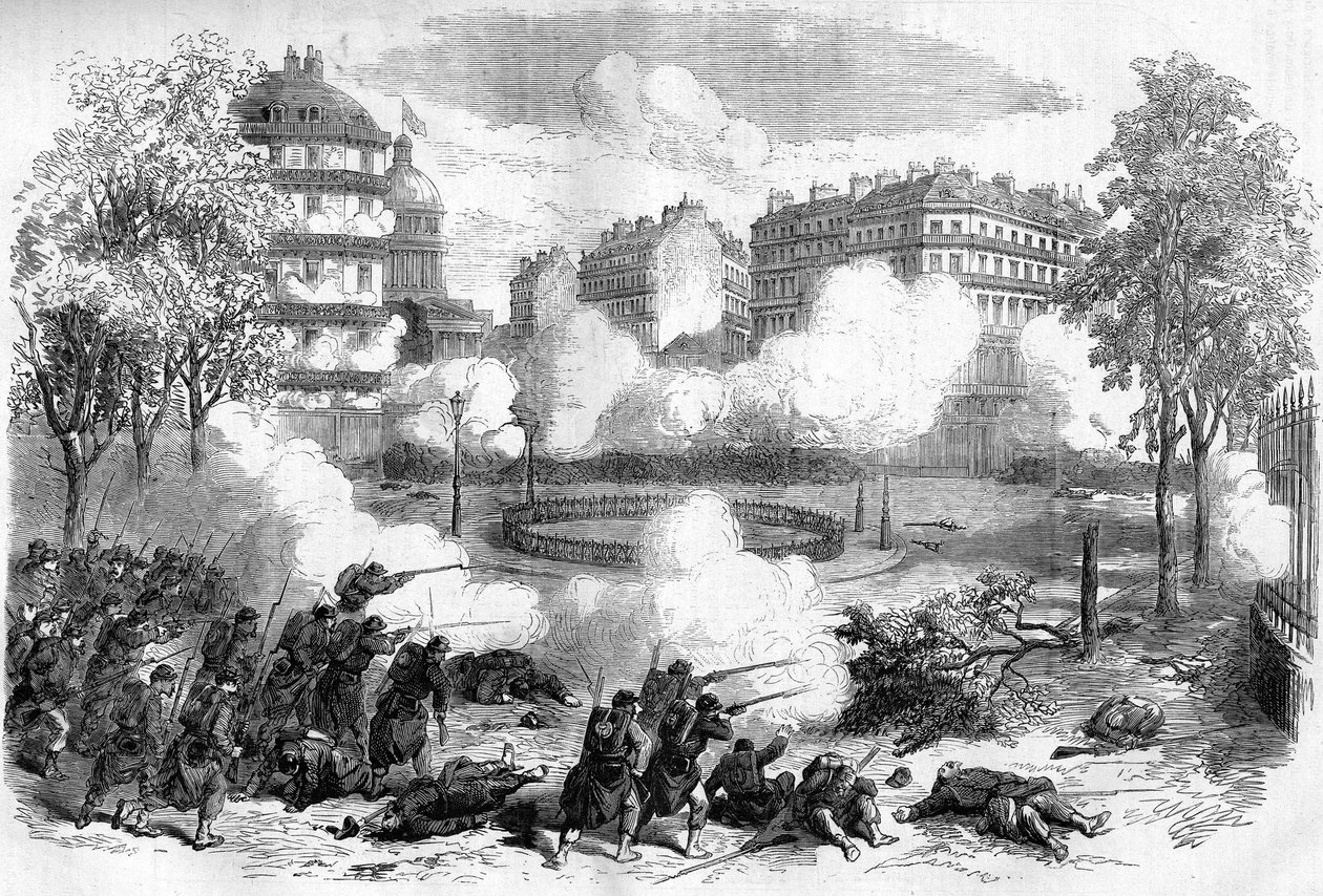Die Pariser Kommune 1871. Angriff auf die Barrikaden der Föderierten (Kommunarden) vor dem Pantheon durch das Armeekorps von General de Cissey am 24. Mai 1871, zu Beginn der blutigen Woche (22. - 28. Mai 1871). von Unknown artist