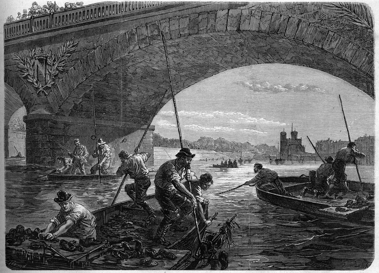Die Pariser Kommune 1871. Waffenfischen in der Seine unter der Austerlitzbrücke durch die Föderierten (Kommunarden) während der letzten Debatte der Kommune. von Unknown artist