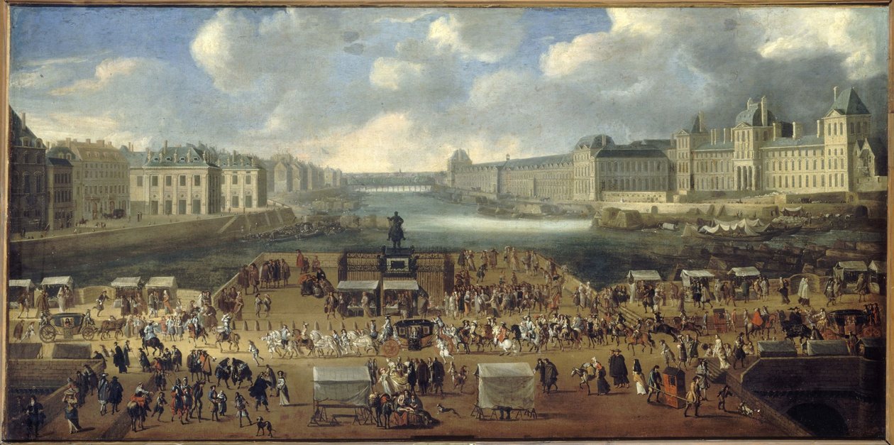 Die Pont-Neuf, gesehen vom Eingang der Place Dauphine, der Quai Malaquais mit dem Collège des Quatre-Nations, der Grande Galerie und dem Louvre, um 1669. Eine Prozession zieht über die Brücke. Heutige 1. und 6. Arrondissements, zwischen 1665 und 1669 von Unknown artist