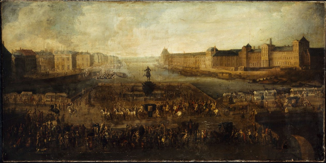 Die Pont-Neuf, gesehen vom Eingang zur Place Dauphine, der Quai Malaquais mit dem Collège des Quatres-Nations, die Große Galerie und der Louvre, ca. 1665 von Unknown artist