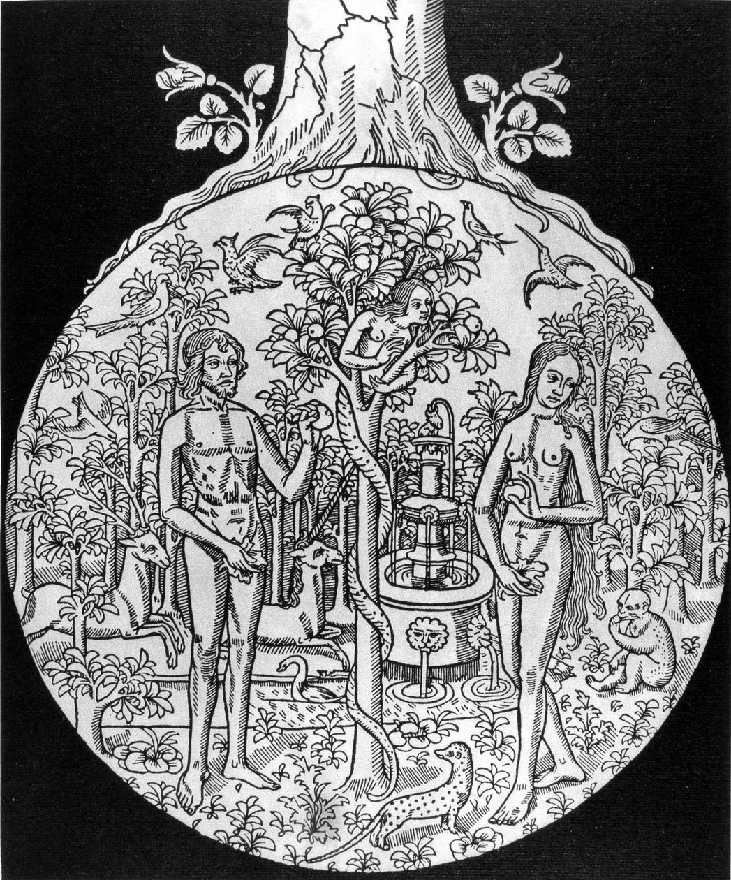Der Baum der Erkenntnis (Adam und Eva im Paradies) - Gravur, Anfang 16. Jahrhundert, in „L