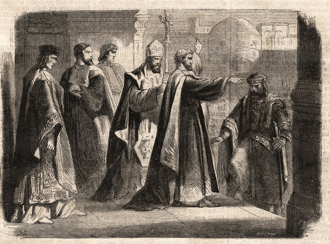 Der Erzbischof Saint Ambrose von Mailand (Aurelius Ambrosius, Ambrogio di Milano (340-397) verbot dem römischen Kaiser Theodosius I. (Flavius Theodosius) (347-395) den Eintritt in die Kirche, um ihn für das Massaker von Thessaloniki im Jahr 390 zu bestrafe von Unknown artist