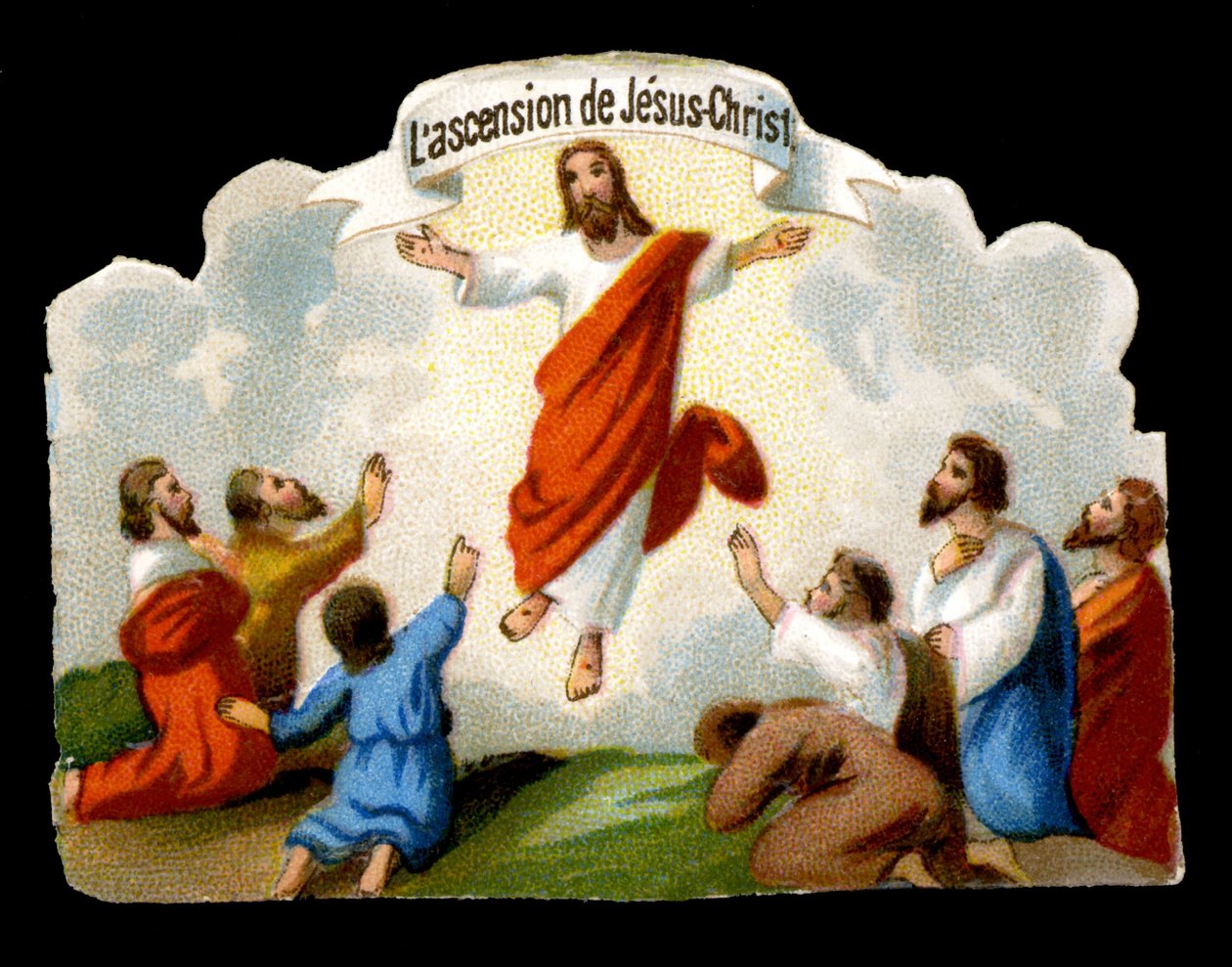 Die Himmelfahrt Christi zum Garten Gethsemane vor den Aposteln. Chromolithografie des 19. Jahrhunderts. von Unknown artist