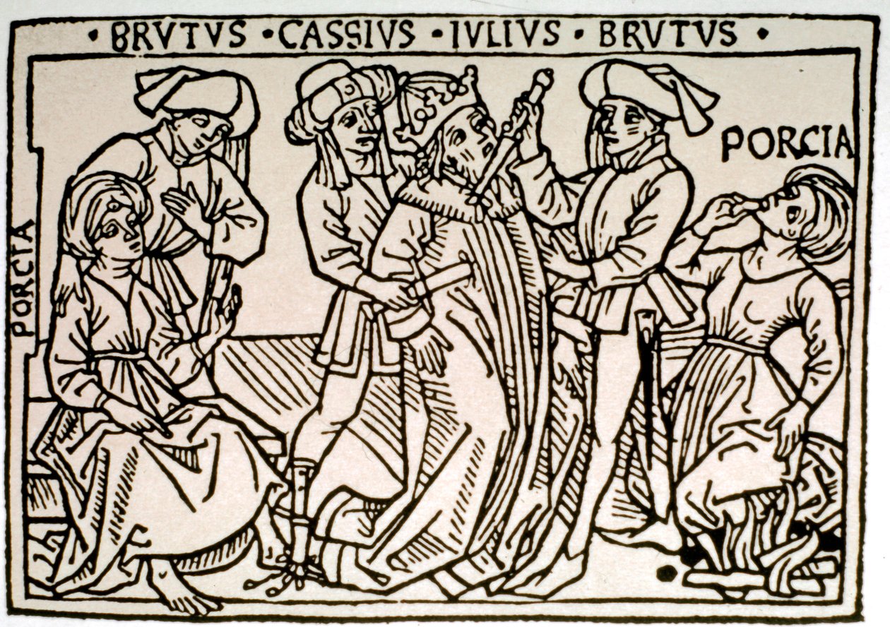 Die Ermordung von Julius Caesar (100-44 v. Chr.): Er wird von Brutus und Cassius erstochen, während Porcia, die Frau von Brutus, verschwindet. Xylographie des 16. Jahrhunderts Rom, Biblioteca Vallicelliana von Unknown artist