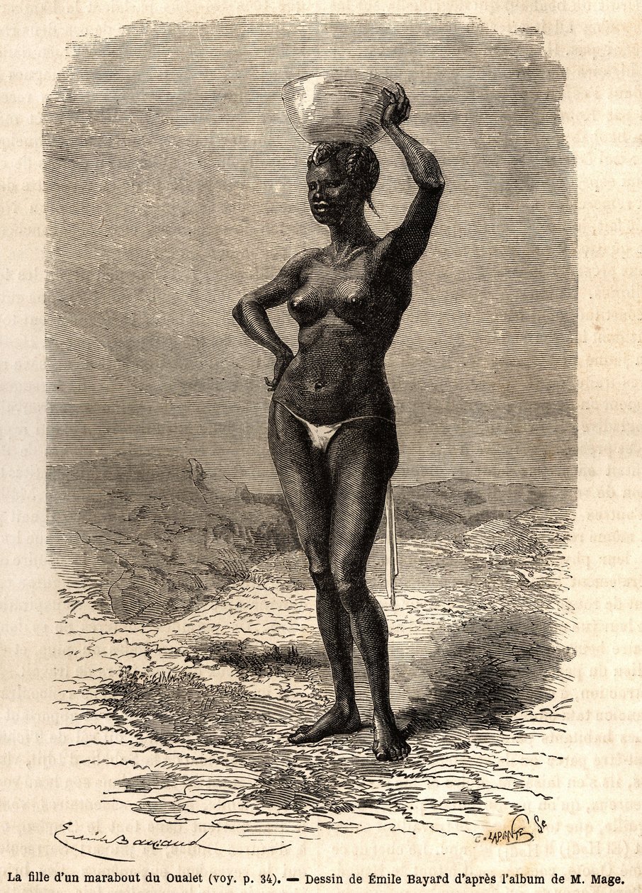 Die Tochter eines Marabouts aus Oualet (Mauretanien), trägt eine Schale auf dem Kopf, um schwarze Seife herzustellen. Gravur zur Illustration der Reise in den westlichen Sudan von Leutnant (Marine) M. Mage, 1863-1866, veröffentlicht in „Le tour du monde, n von Unknown artist