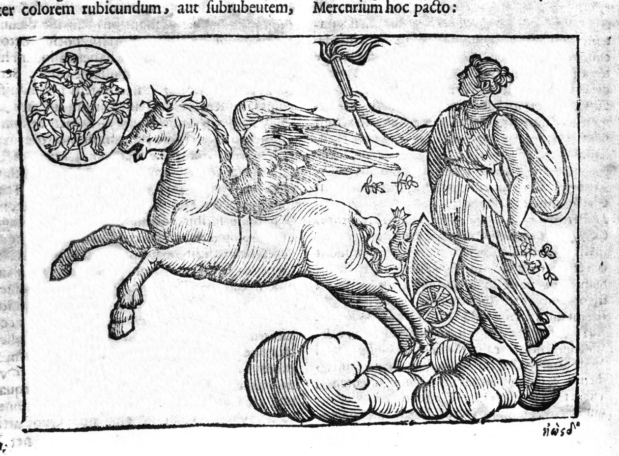 Die Morgenröte (der Sonnenwagen). Allegorie des Sonnenaufgangs mit Figuren der griechischen und römischen Mythologie am Himmel. Gravur aus „Mythologiae sive explicationes fabularum“ von Natalis Comitis. 1637 von Unknown artist