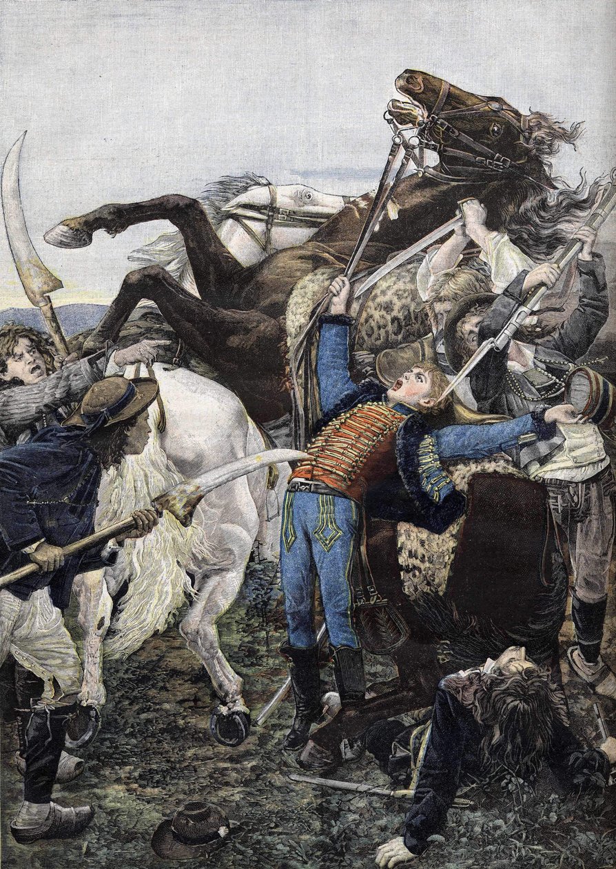 Der Tod von Joseph Bara (1779-1793), Trommler in den republikanischen Truppen und wahrscheinlich von Dieben getötet. Gravur von 1894 von Unknown artist