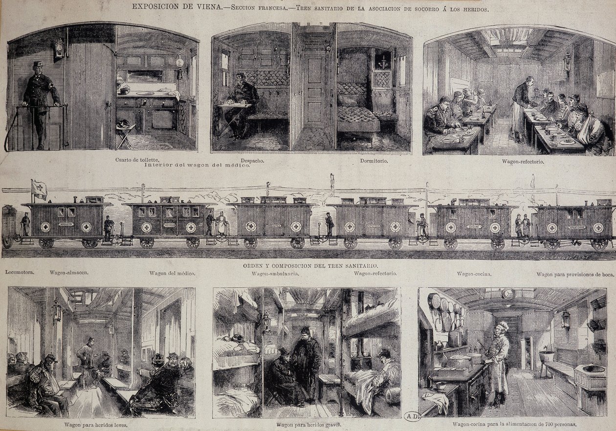 Die verschiedenen Abteile eines Sanitätszugs (Gravur) von Unknown artist