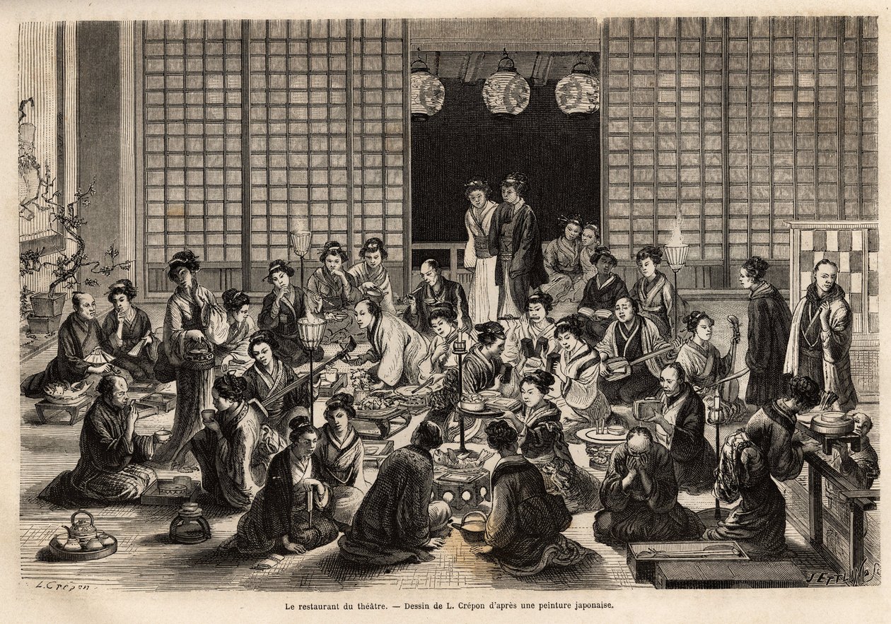 Der Speisesaal des Yokohama-Theaters ist ständig gefüllt, selbst während der Aufführung. Gravur zur Illustration der Reise nach Japan, von Aime Humbert, Minister der Schweizerischen Eidgenossenschaft, 1863-1864, veröffentlicht in „Le tour du monde“, unter  von Unknown artist