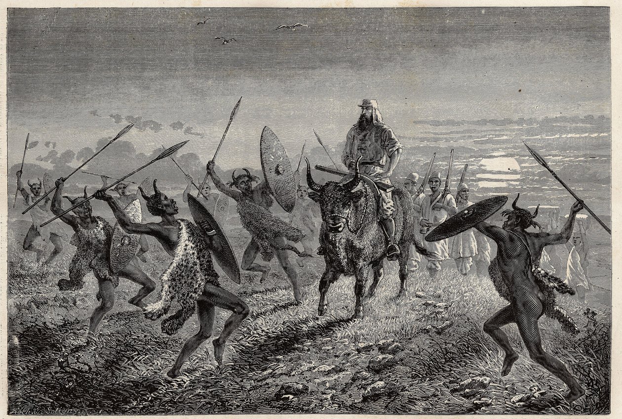 Die Eskorte des Reisenden Baker führt eine Fantasia auf, bevor sie zum Albertsee (oder Albert Nyanza) aufbricht. Illustration der Reise zum Albertsee, 1861-1864, von Sir Samuel White Baker, in "Le tour du monde, nouveau journal des voyages" von Unknown artist