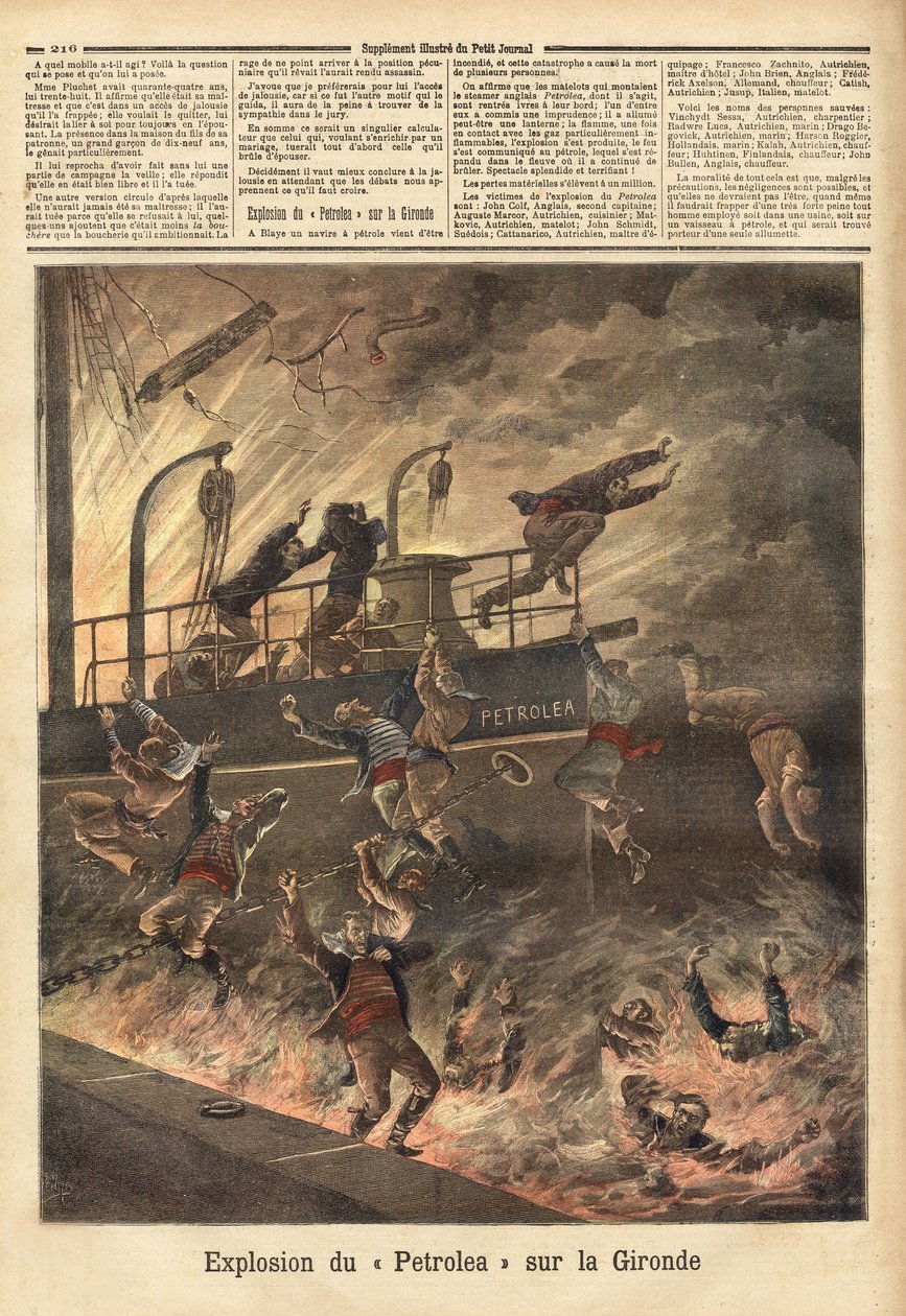 Die Explosion der „Petrolea“, eines englischen Dampfers, der Öl transportiert, in Blaye, an der Gironde. Gravur in „Le petit journal“ 4/06/1892. Sammlung Selva. von Unknown artist