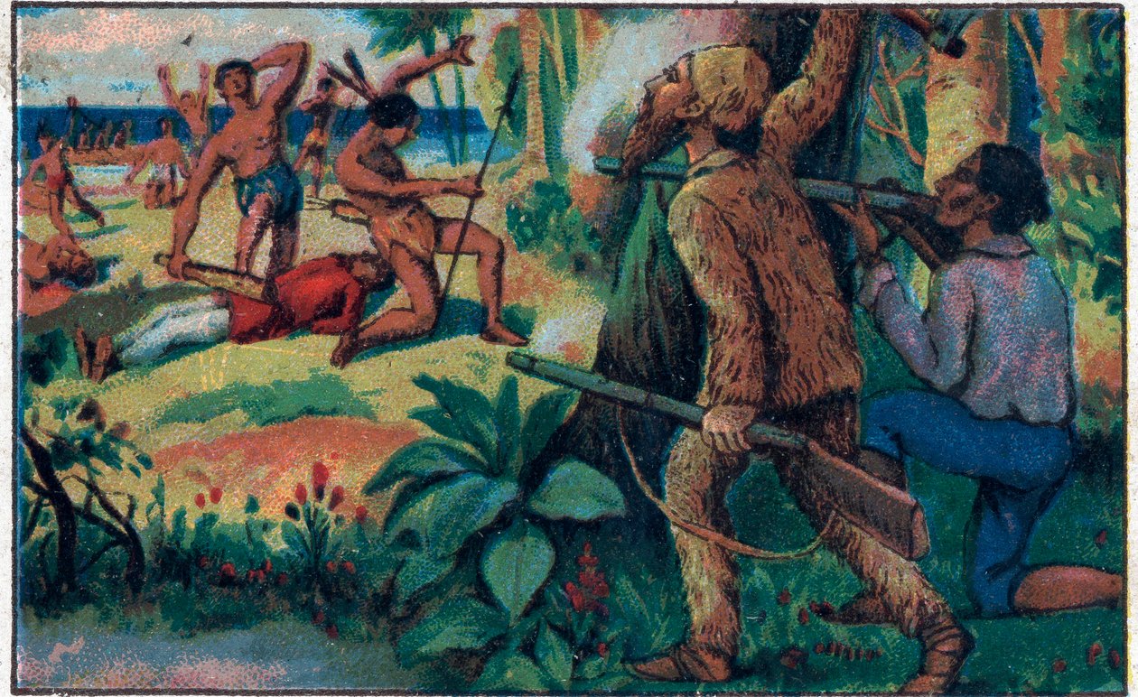 Der Kampf mit den Wilden. Illustration für das Buch von Daniel Defoe „Robinson Crusoe“. Chromolithographie aus dem späten 19. Jahrhundert von Unknown artist