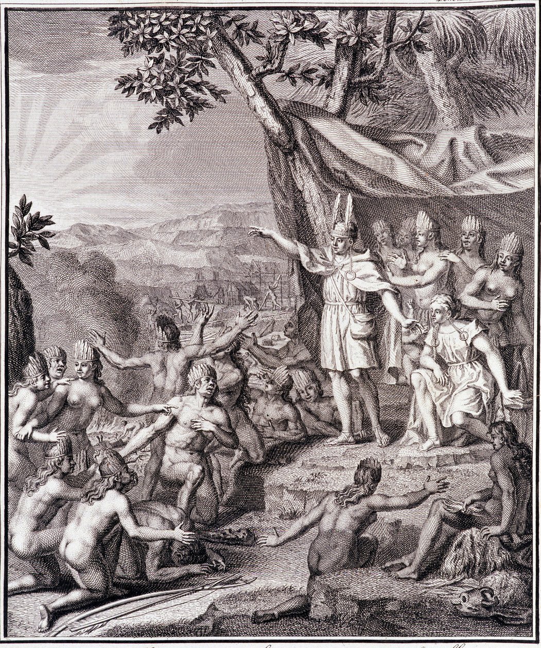 Der erste Inka Manco Capac und Königin Coya Mama Oello Huaco, seine Frau, beide Kinder der Sonne, versammeln die Wilden - in „Historische Reise durch Südamerika im Auftrag des Königs von Spanien“ von Don Georges Juan & Don Antoine de Ulloa, T.II, ed. Jombe von Unknown artist