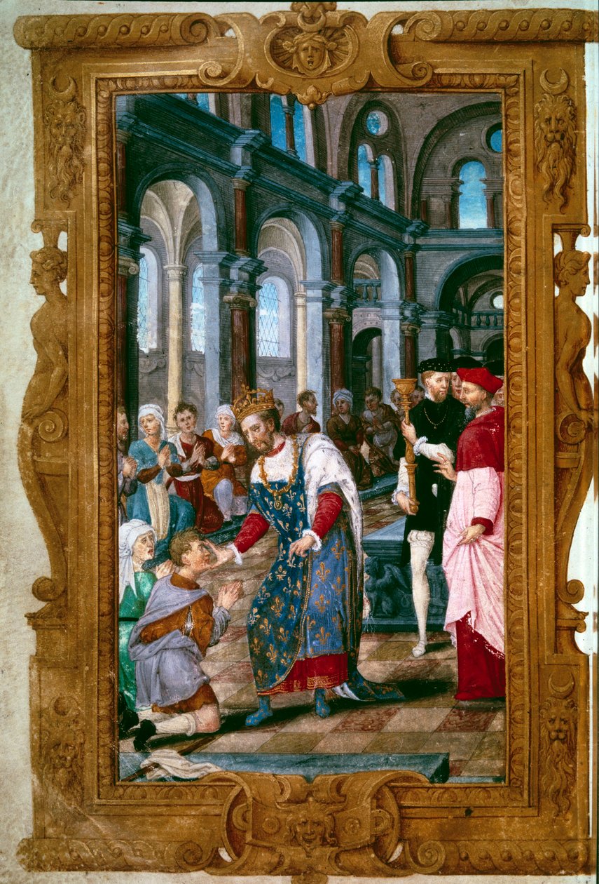 Der König berührt, Gott hört dich. König Heinrich II. (1519-1559), Thaumaturg, heilt Kranke in der Abtei von Saint Marcoul nach der Krönungszeremonie in Reims. Miniatur aus 