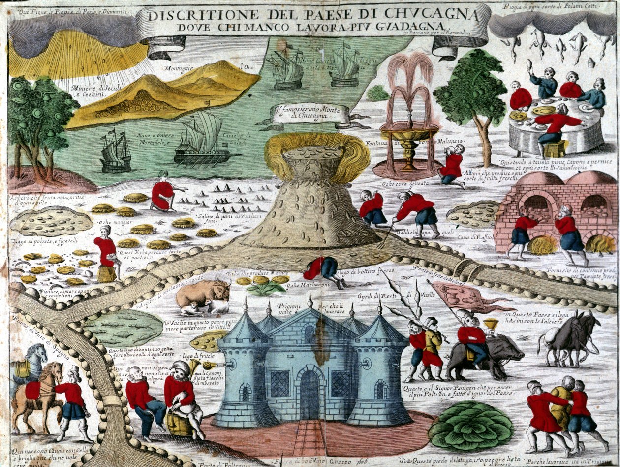 Das Land der Kokagne (Cuccagna): ein imaginäres Land, in dem man ohne Arbeit und Sorgen in Überfluss und Freude lebt: Baum mit frischen Früchten, Silberfluss, goldene Berge, Gefängnisse für Arbeiter, Regen von gebratenen Hühnern, Kanonen, die Flaschen schi von Unknown artist