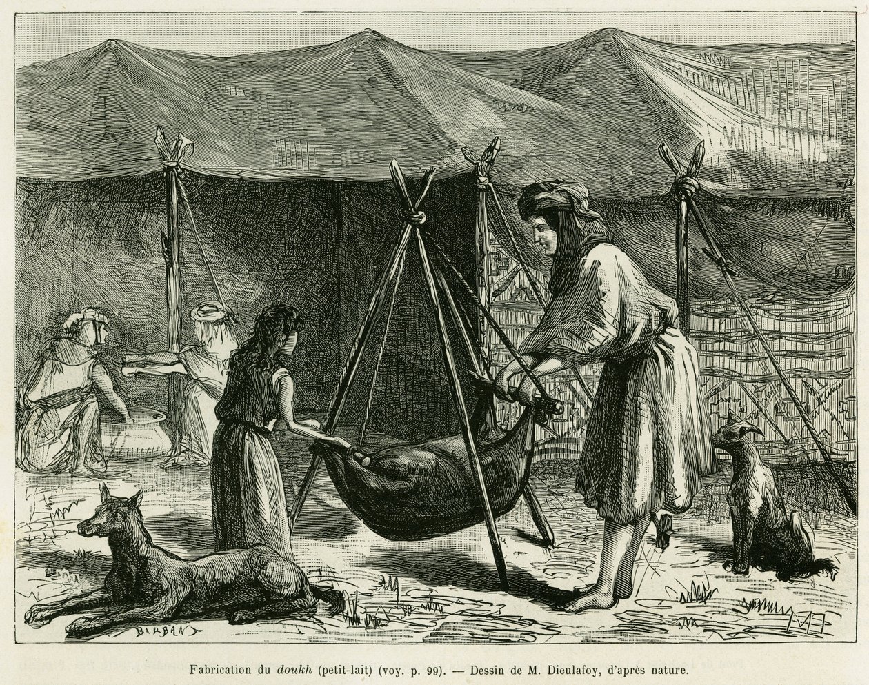 Die Herstellung von Milch durch die Frauen der Hirten der Region Karoun. Gravur zur Illustration der Geschichte „La Perse, la Chaldée et la Susiane“ von Jane Delafoy (1851-1916), Akademieoffizier, in Le Tour du monde 1886, unter der Leitung von Edouard Cha von Unknown artist