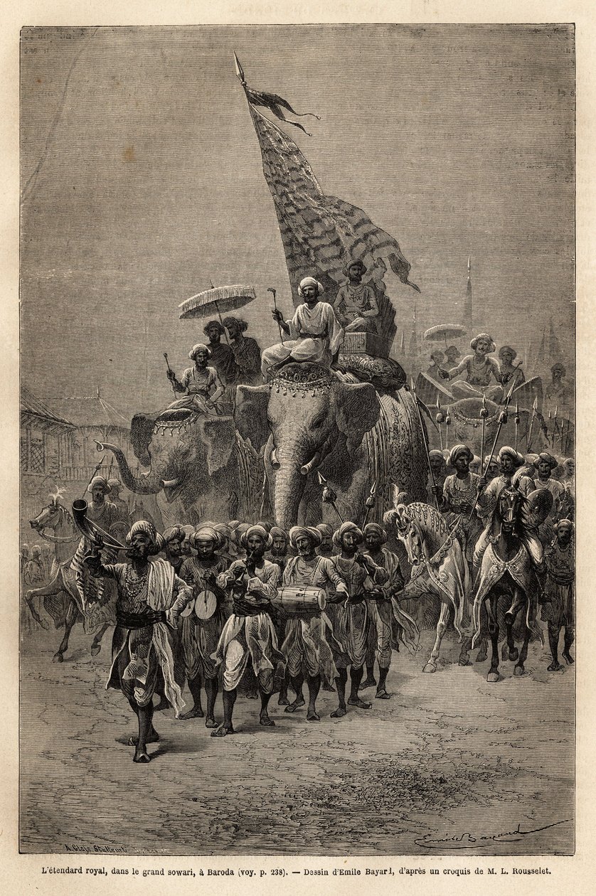 Das königliche Banner, in der Sowari (Militärprozession), in Baroda (oder Vadodara), Bundesstaat Gujarat an der Nordostküste Indiens. Gravur zur Illustration der Reise in Indien der Rajahs, von Louis Rousselet, veröffentlicht in „Le tour du monde, nouveau  von Unknown artist